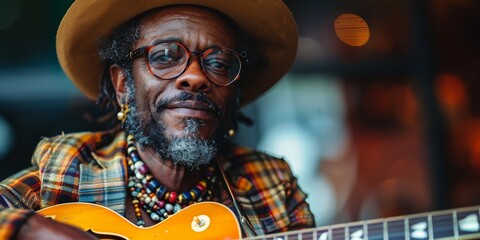 A captivating image of a man wearing glasses and a hat, playing an orange guitar with a background of warm, out-of-focus lights, focusing on a deep and thoughtful expression