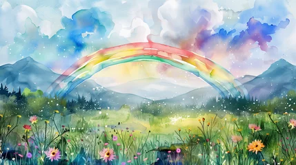 Wanddecoratie Regenboog watercolor painting of magical meadow garden landscape with flowers mountain and rainbow over it  © AiDesign
