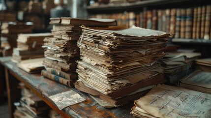 Fototapeta premium An old library filled with stacks of vintage, dusty books and papers, representing the wealth of knowledge and history stored in printed materials over time