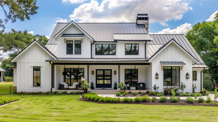 Front view of modern white house with green garden landscape ,Real estate property concept