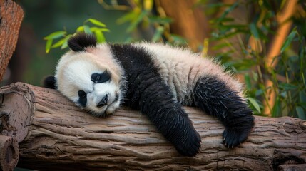 Baby panda cub napping on a tree trunk