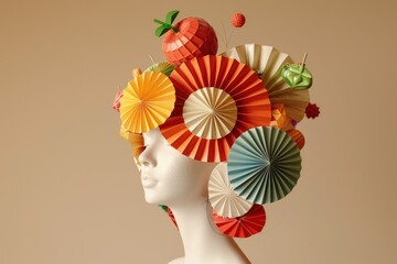 Colorful paper fans adorn mannequin's head in fashionable display of artistic beauty and creativity