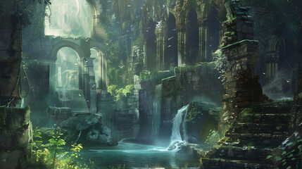 fantastic medieval, glowing runes, enchanted forest, twilight, mystical lighting, ethereal mist, intricate stonework, fantasy elements