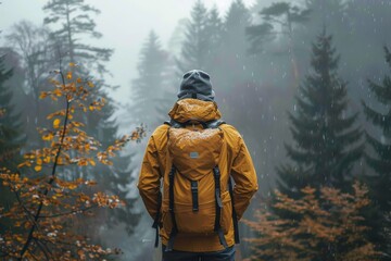 Fototapeta premium A lone backpacker in a yellow jacket stands in a misty forest with raindrops falling, surrounded by tall trees and autumn foliage, contemplating the serene beauty of nature