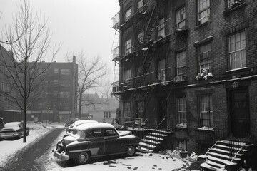Fototapeta premium A snowy winter scene featuring a vintage car parked outside a brick apartment building with fire escapes in a quiet urban neighborhood