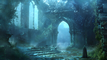 Fototapeta premium fantastic medieval, glowing runes, enchanted forest, twilight, mystical lighting, ethereal mist, intricate stonework, fantasy elements