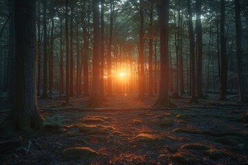 Fototapeta premium An awe-inspiring sunrise piercing through the dense forest, casting a warm orange glow on the moss-covered forest floor and creating dramatic shadows among the tall trees