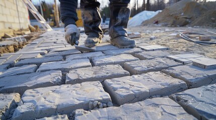 Bricklayer places concrete paving stone blocks