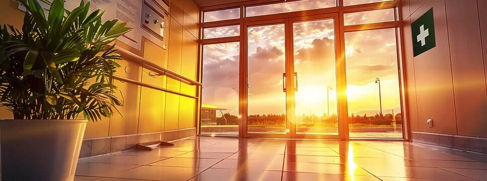 A serene, sunny hospital hallway setting, capturing the tranquility and hopefulness of the healthcare environment in soft golden light