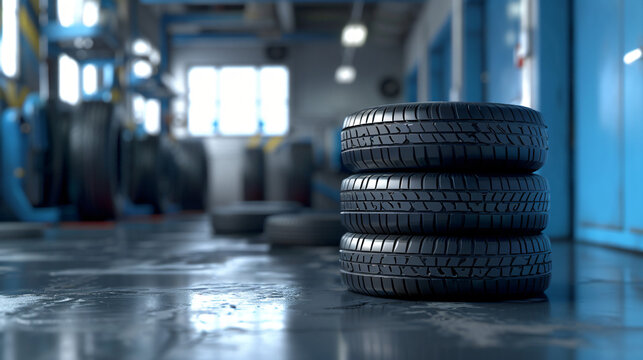 New car tires stacked in a professional auto repair shop with a blurred background