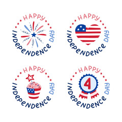 Cute set of emblems with lettering and cartoon national symbols of USA Independence day. Cute firework, star badge, heart, cupcake in American flag colors. Hand drawn patriotic signs for 4th July.