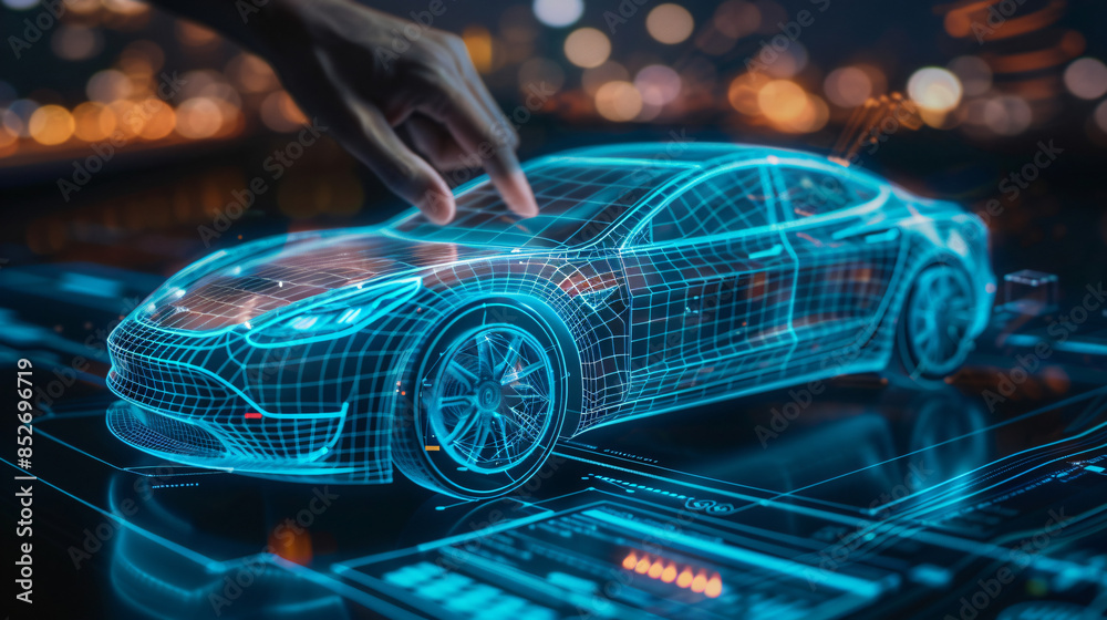 Poster Hand engaging with a futuristic 3d car model projection on a high-tech interface