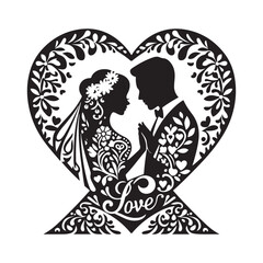 bride & groom, unique floral half moon love  black vector silhouette bride groom unique design icons bundle silhouette vector image with withe backgrounds