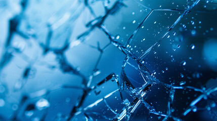 Close-up of broken glass with water droplets on a blue background