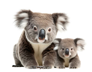 Fototapeta premium Koalabär mit baby auf vier beinen isoliert auf weißen Hintergrund, Freisteller 
