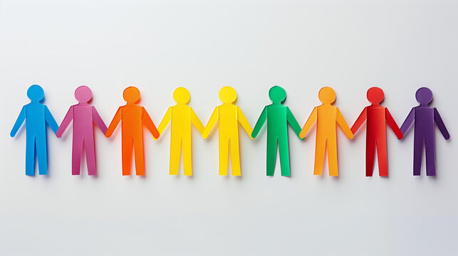 A high-quality photograph featuring a row of colorful paper people holding hands, symbolizing unity and diversity against a clean white background.