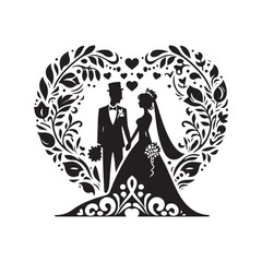 bride & groom, unique floral half moon love  black vector silhouette bride groom unique design icons bundle silhouette vector image with withe backgrounds