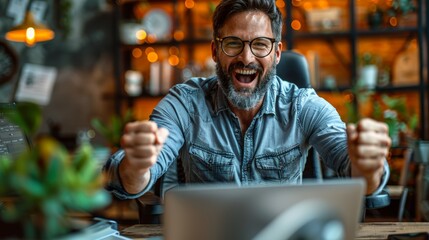 Obraz premium A man in a modern office celebrates a successful achievement while working on his laptop, surrounded by plants and stylish decor, expressing joy and excitement