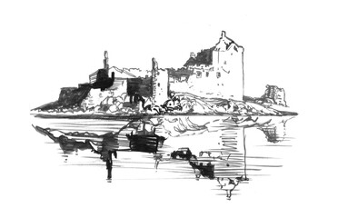 Medieval castle. Hand drawing sketch. Illustration jpg