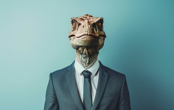 Surreal businessman with trex head on his head in funny fashionable conceptual image