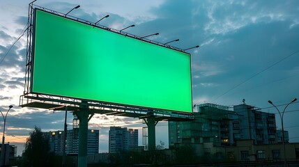 Blank Green Billboard Screen in Urban Cityscape at Sunset