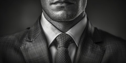 A monochromatic, close-up image of a well-groomed man wearing a formal suit, showcasing meticulous attention to detail in the tie and shirt collar, exuding professionalism and confidence