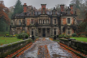 Obraz premium An elegant and historic mansion surrounded by a lush garden, showcasing classic architectural design with a touch of autumn's charm captured meticulously