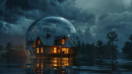 Cozy house illuminated in the safety of a protective bubble during a rainy night scene