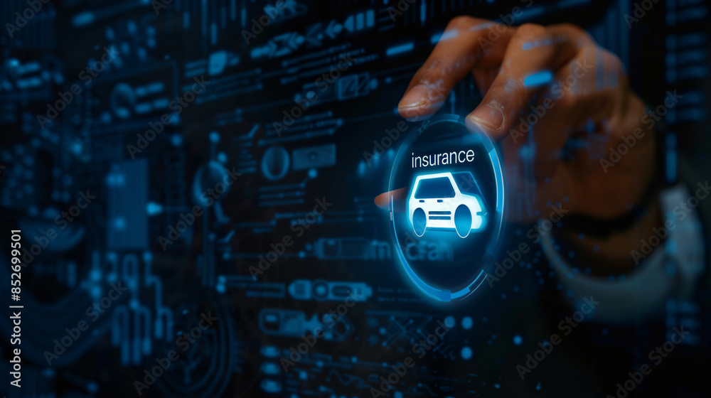 Poster hand interacts with a holographic display showing a car insurance icon