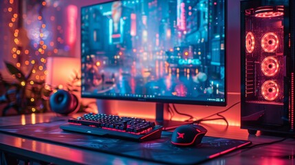 A sleek, high-performance gaming setup featuring a mechanical keyboard, gaming mouse, and powerful desktop PC, all lit by vibrant RGB lighting in a room with atmospheric neon hues