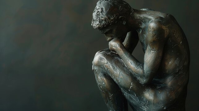 A contemplative bronze sculpture captures a meditative figure deep in thought, evoking a sense of introspection and emotion in fine art
