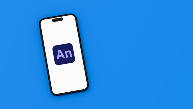 Adobe Animate Logo on Mobile Phone Screen on Blue Background with Copy Space
