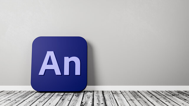 Adobe Animate App Icon on Wooden Floor Against Wall