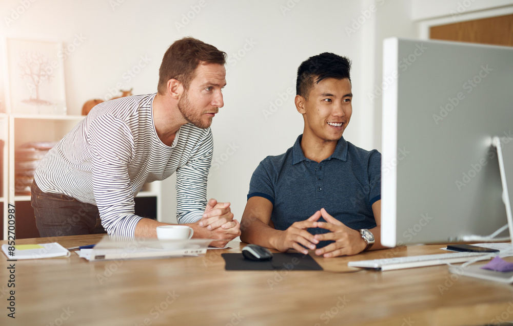 Aufkleber Computer, graphic design or web development with business men at desk in office for discussion. Collaboration, conversation and online with creative team in workplace for brainstorming or planning