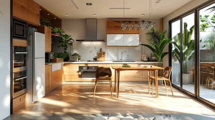 A modern minimalist Asian-style kitchen, with upper and lower kitchen cabinets. Generative AI.