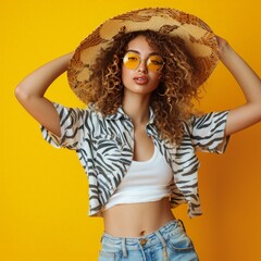 This image features a young woman with curly hair, wearing a zebra print short-sleeve shirt, light blue jeans, and white sneakers. 