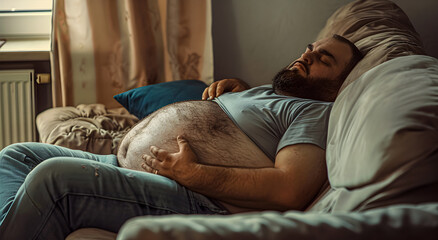 Fat lazy adult man lounging on a couch.