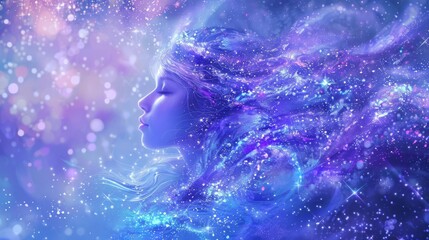 Silhouette of a woman with long hair standing in front of a starry sky.