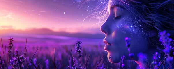 Dreamy portrait of a woman in a field of purple flowers.