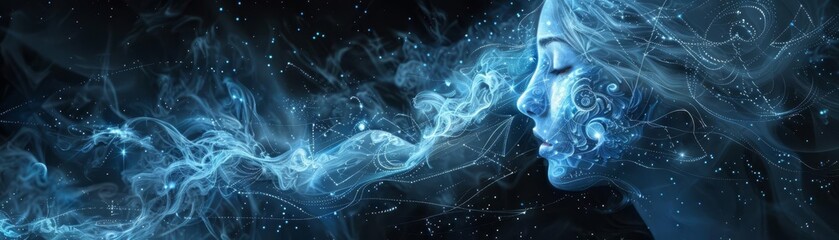 Mystical woman with blue ethereal smoke