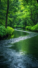 Obraz premium A serene, meandering river surrounded by lush green forest and vibrant foliage under the soft light, serving as a peaceful natural retreat
