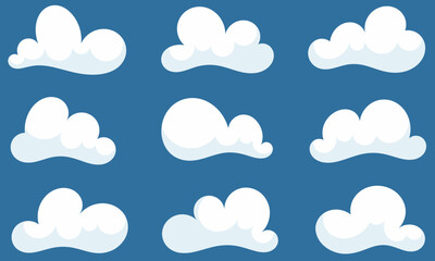 Various shapes of cute clouds, isolated on blue background