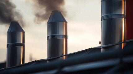 Industrial landscape with smoke emitting from chimneys. Factory emitting plumes of smoke into the air. Thick smoke from plant chimney polluting the air. Air Pollution Concept. Global warming concept.