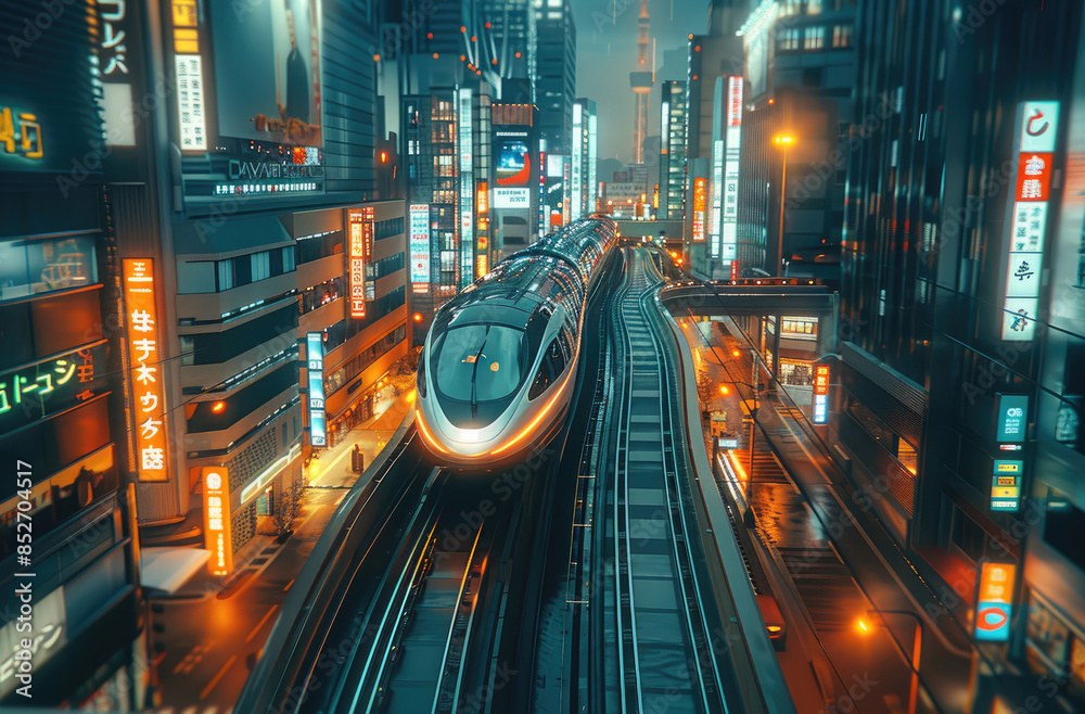 Poster a high-speed train passing through the streets at a 30 degree angle, surrounded by skyscrapers. an a