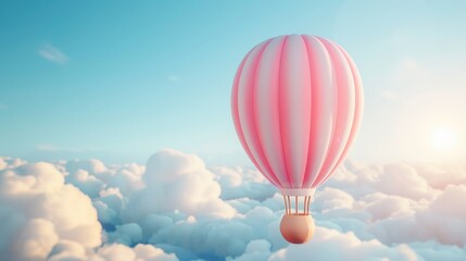 Fototapeta premium Giant sausage hot air balloon, floating in a bright blue sky, fun and quirky design, with the sun casting a warm glow, clouds adding to the whimsical feel