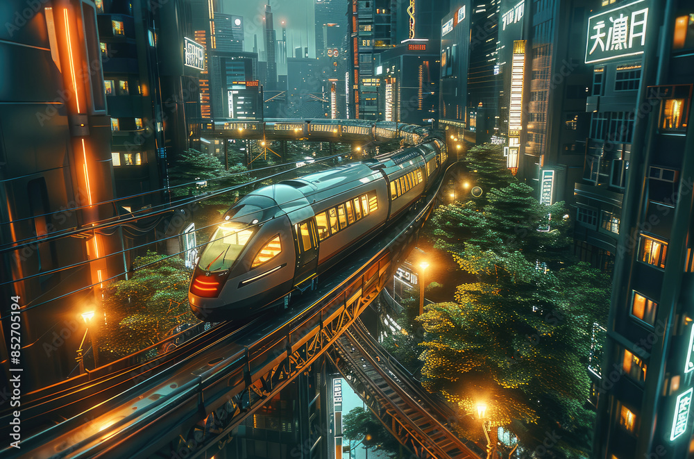 Poster a high-speed train passing through the streets at a 30 degree angle, surrounded by skyscrapers. an a