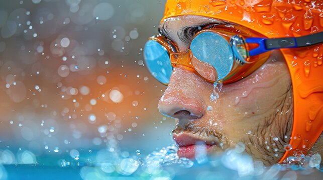 Close-up of a swimmer with orange cap and goggles in the pool, with water droplets on face and bokeh background, showcasing focus and determination.
