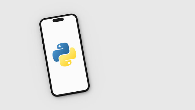Python Logo on Mobile Phone Screen on Gray Background with Copy Space