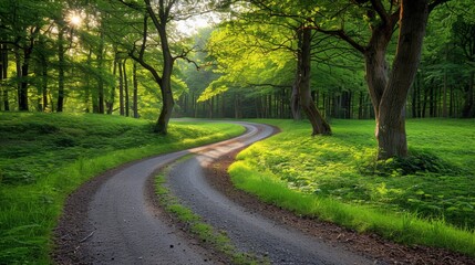 Fototapeta premium A winding dirt road passes through a lush, green forest illuminated by the warm rays of sunlight peeping through the trees in early morning light