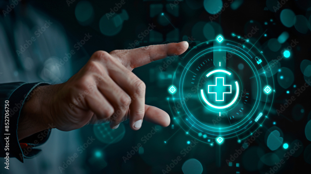Poster close-up of a hand using advanced medical interface to represent cutting-edge healthcare technology